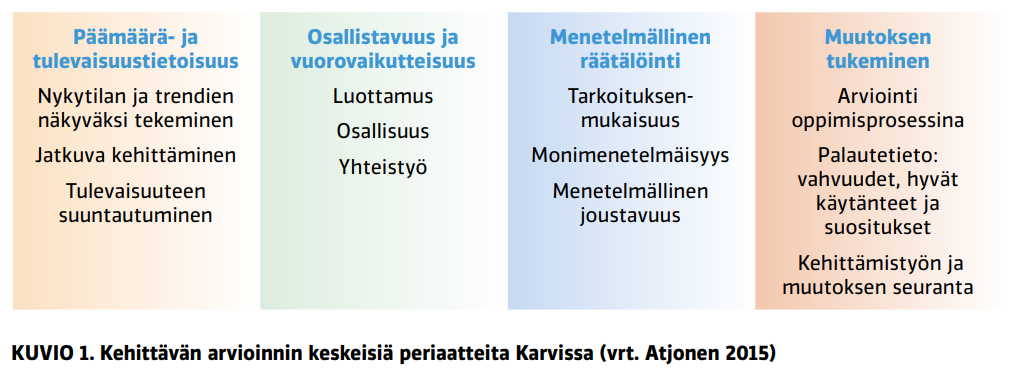 Kehittävän arvioinnin keskeisiä periaatteita Karvissa ovat päämäärä- ja tulevaisuustietoisuus, osallistavuus ja vuorovaikutteisuus, menetelmällinen räätälöinti,  muutoksen tukeminen. 