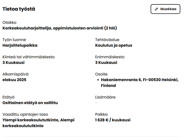 Tiedot harjoittelupaikasta.