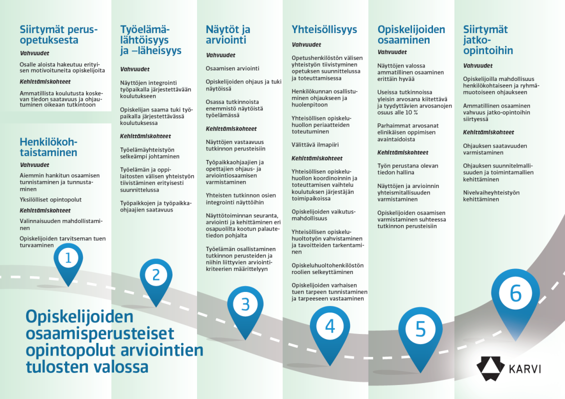 Ammatillisen koulutuksen vahvuuksia ja kehittämiskohteita esitetään seuraavissa teemoissa: siirtymät perusopetuksesta, henkilökohtaistaminen, työelämälähtöisyys ja -läheisyys, näytöt ja arviointi, yhteisöllisyys, opiskelijoiden osaaminen, siirtymät jatko-opintoihin.