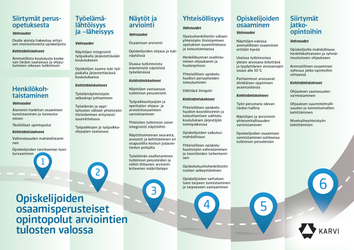 Ammatillisen koulutuksen vahvuuksia ja kehittämiskohteita esitetään seuraavissa teemoissa:  siirtymät perusopetuksesta, henkilökohtaistaminen, työelämälähtöisyys ja -läheisyys, näytöt ja arviointi, yhteisöllisyys, opiskelijoiden osaaminen, siirtymät jatko-opintoihin.