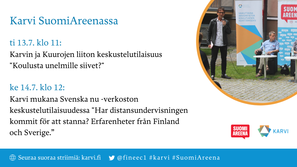 Kuvassa on kerrottu Karvin SuomiAreena-keskusteluiden otsikot ja kellonajat.