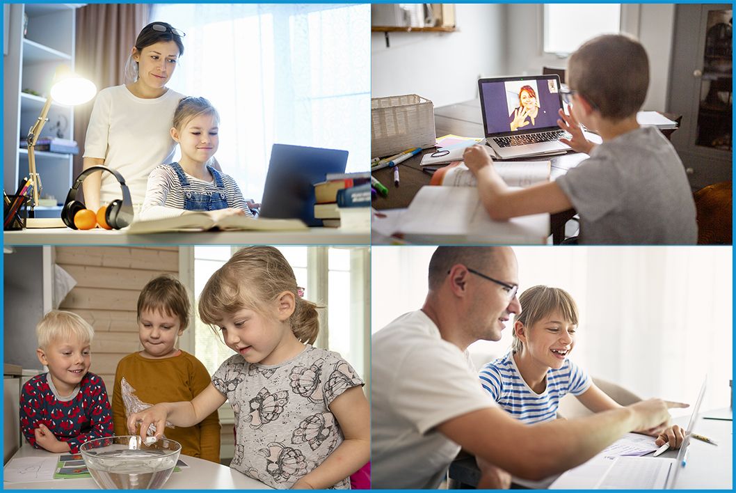 Kollaasi muodostuu neljästä kuvasta: Ensimmäisessä kuvassa äiti auttaa tyttöä koulutehtävissä. Toisessa kuvassa poika on etäyhteydessä opettajaansa tietokoneen välityksellä ja tekee tehtäviä. Kolmannessa kuvassa kolme päiväkoti-ikäistä lasta tutkii vesiastiaa. Neljännessä kuvassa isä auttaa tyttöä koulutehtävissä tietokoneella.
